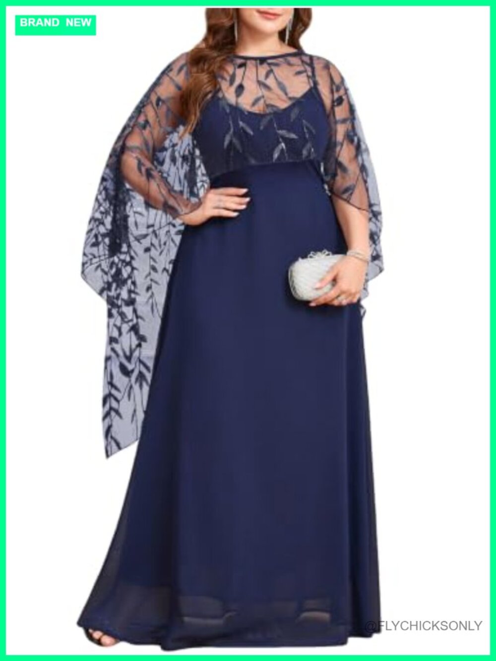 Plus Size Chiffon Sequin Cape A-Line Maxi Evening Gown Formal Wedding Guest